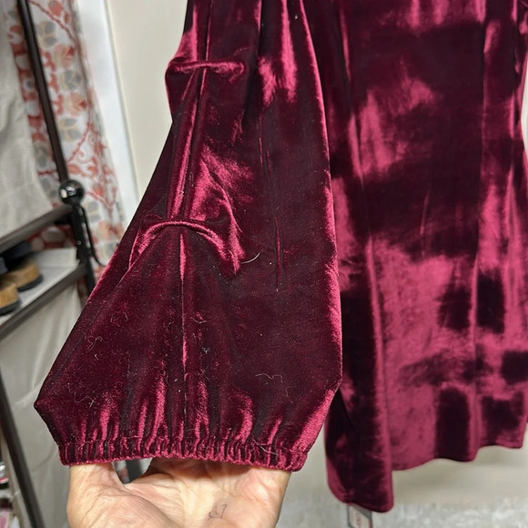 Elainone Off Shoulder Wrap V Neck Velvet Bodycon Dress Ruched Long Puff Sleeve - Picture 6 of 11